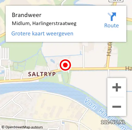 Locatie op kaart van de 112 melding: Brandweer Midlum, Harlingerstraatweg op 9 september 2023 17:03