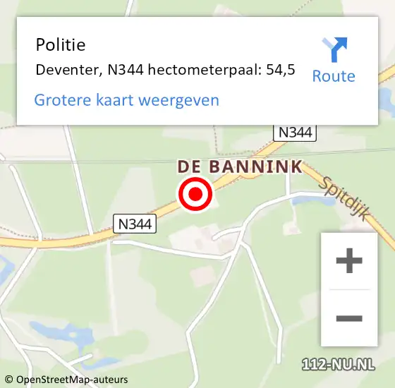 Locatie op kaart van de 112 melding: Politie Deventer, N344 hectometerpaal: 54,5 op 9 september 2023 18:03
