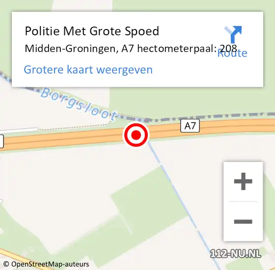 Locatie op kaart van de 112 melding: Politie Met Grote Spoed Naar Midden-Groningen, A7 hectometerpaal: 208 op 10 september 2023 07:43