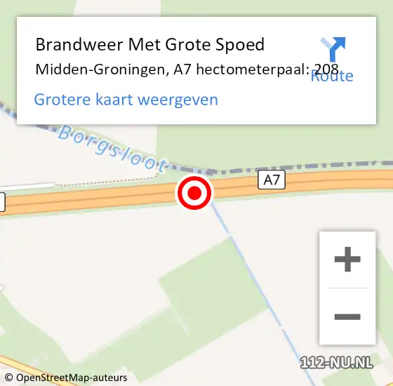 Locatie op kaart van de 112 melding: Brandweer Met Grote Spoed Naar Midden-Groningen, A7 hectometerpaal: 208 op 10 september 2023 07:44
