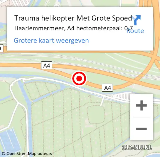 Locatie op kaart van de 112 melding: Trauma helikopter Met Grote Spoed Naar Haarlemmermeer, A4 hectometerpaal: 0,7 op 10 september 2023 20:05