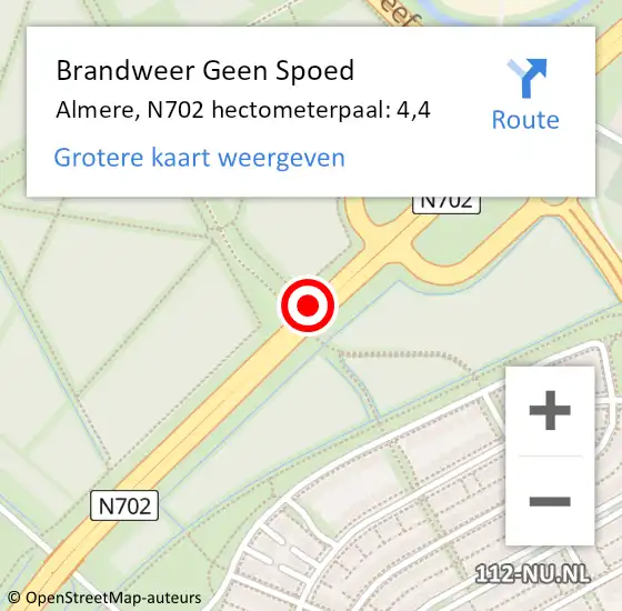 Locatie op kaart van de 112 melding: Brandweer Geen Spoed Naar Almere, N702 hectometerpaal: 4,4 op 11 september 2023 07:12