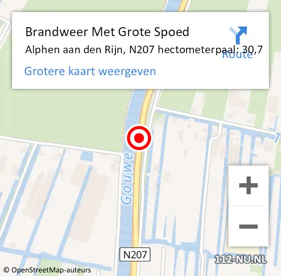 Locatie op kaart van de 112 melding: Brandweer Met Grote Spoed Naar Alphen aan den Rijn, N207 hectometerpaal: 30,7 op 11 september 2023 08:07