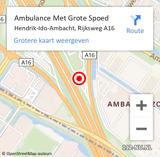 Locatie op kaart van de 112 melding: Ambulance Met Grote Spoed Naar Hendrik-Ido-Ambacht, Rijksweg A16 op 11 september 2023 09:26