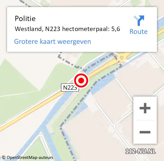 Locatie op kaart van de 112 melding: Politie Westland, N223 hectometerpaal: 5,6 op 11 september 2023 09:48