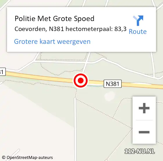 Locatie op kaart van de 112 melding: Politie Met Grote Spoed Naar Coevorden, N381 hectometerpaal: 83,3 op 11 september 2023 17:55