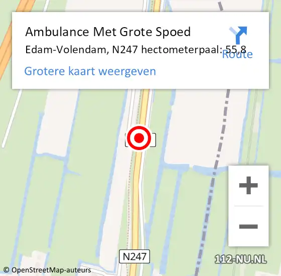 Locatie op kaart van de 112 melding: Ambulance Met Grote Spoed Naar Edam-Volendam, N247 hectometerpaal: 55,8 op 12 september 2023 13:35