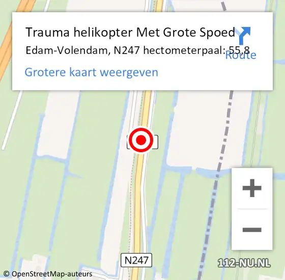 Locatie op kaart van de 112 melding: Trauma helikopter Met Grote Spoed Naar Edam-Volendam, N247 hectometerpaal: 55,8 op 12 september 2023 13:36