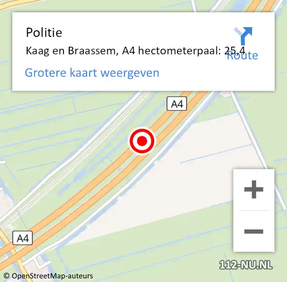 Locatie op kaart van de 112 melding: Politie Kaag en Braassem, A4 hectometerpaal: 25,4 op 12 september 2023 18:07