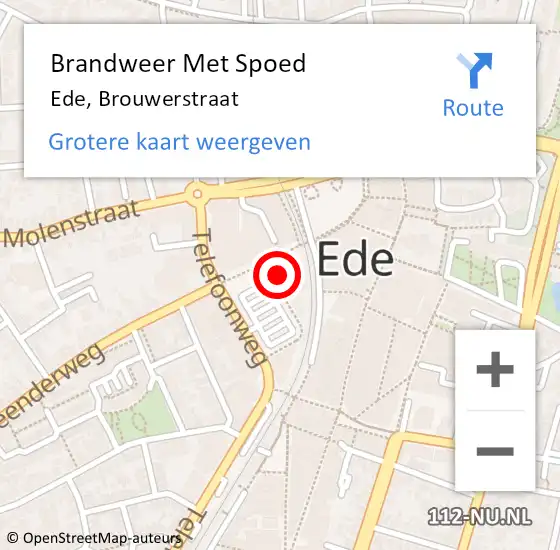 Locatie op kaart van de 112 melding: Brandweer Met Spoed Naar Ede, Brouwerstraat op 12 september 2023 19:38