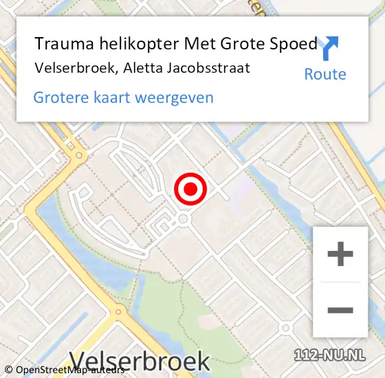 Locatie op kaart van de 112 melding: Trauma helikopter Met Grote Spoed Naar Velserbroek, Aletta Jacobsstraat op 13 september 2023 07:45