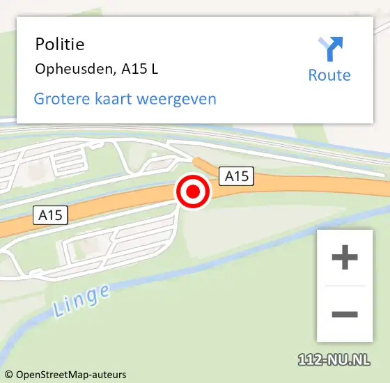 Locatie op kaart van de 112 melding: Politie Opheusden, A15 L op 8 september 2014 06:32