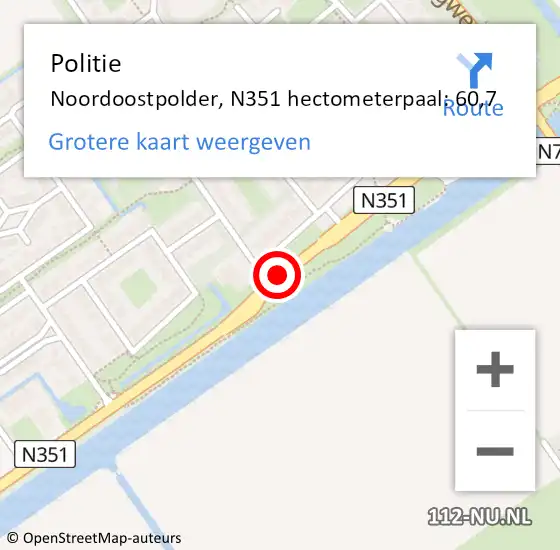 Locatie op kaart van de 112 melding: Politie Noordoostpolder, N351 hectometerpaal: 60,7 op 13 september 2023 15:05
