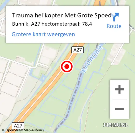 Locatie op kaart van de 112 melding: Trauma helikopter Met Grote Spoed Naar Bunnik, A27 hectometerpaal: 78,4 op 13 september 2023 21:38