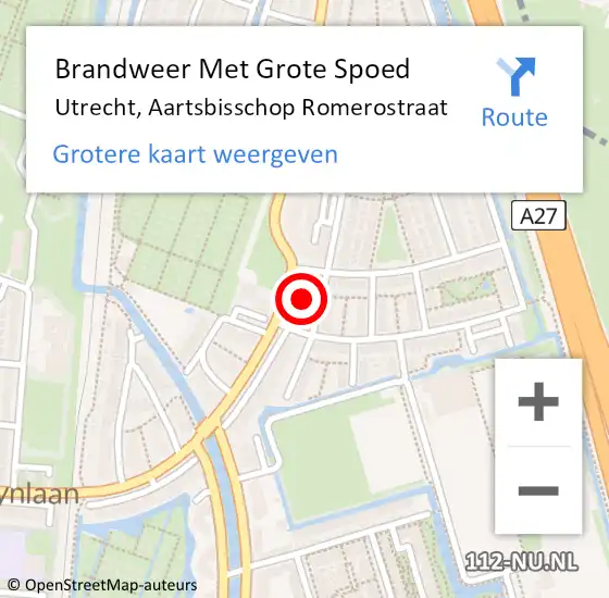 Locatie op kaart van de 112 melding: Brandweer Met Grote Spoed Naar Utrecht, Aartsbisschop Romerostraat op 14 september 2023 13:39