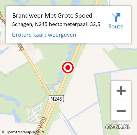 Locatie op kaart van de 112 melding: Brandweer Met Grote Spoed Naar Schagen, N245 hectometerpaal: 32,5 op 14 september 2023 13:41