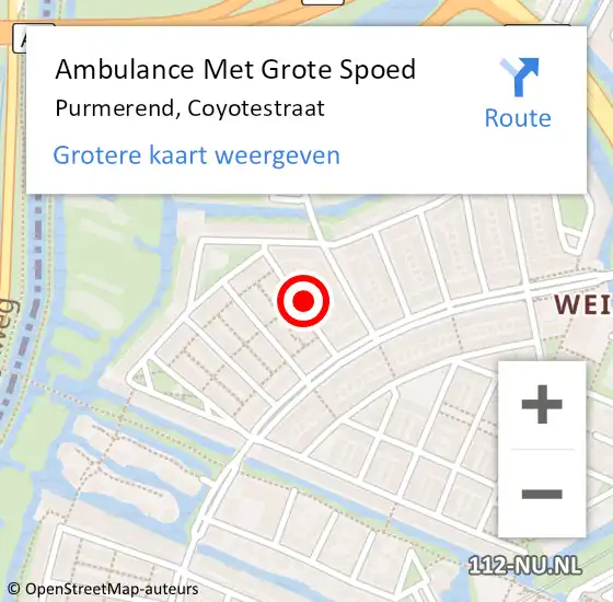 Locatie op kaart van de 112 melding: Ambulance Met Grote Spoed Naar Purmerend, Coyotestraat op 14 september 2023 16:49