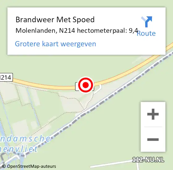 Locatie op kaart van de 112 melding: Brandweer Met Spoed Naar Molenlanden, N214 hectometerpaal: 9,4 op 14 september 2023 18:48