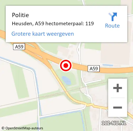 Locatie op kaart van de 112 melding: Politie Heusden, A59 hectometerpaal: 119 op 14 september 2023 22:04