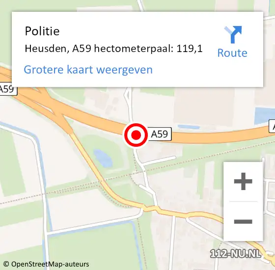 Locatie op kaart van de 112 melding: Politie Heusden, A59 hectometerpaal: 119,1 op 14 september 2023 22:12