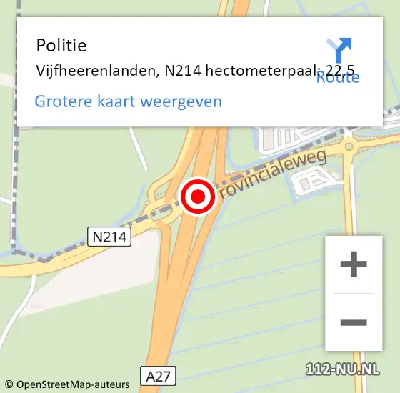 Locatie op kaart van de 112 melding: Politie Vijfheerenlanden, N214 hectometerpaal: 22,5 op 14 september 2023 22:55