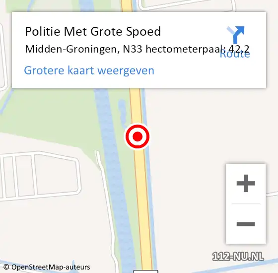 Locatie op kaart van de 112 melding: Politie Met Grote Spoed Naar Midden-Groningen, N33 hectometerpaal: 42,2 op 15 september 2023 08:20