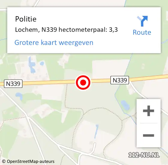 Locatie op kaart van de 112 melding: Politie Lochem, N339 hectometerpaal: 3,3 op 15 september 2023 09:42