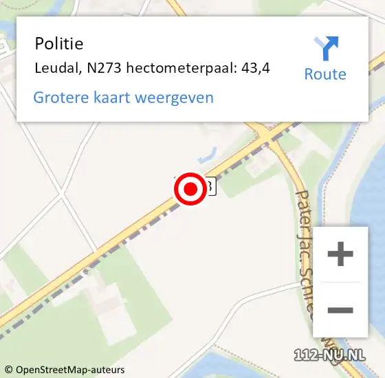 Locatie op kaart van de 112 melding: Politie Leudal, N273 hectometerpaal: 43,4 op 15 september 2023 11:01