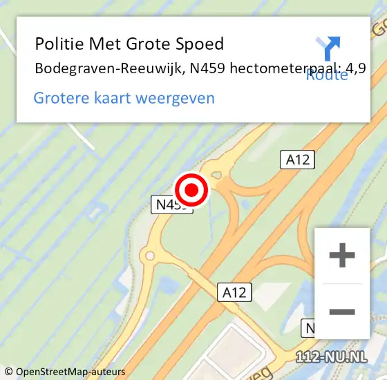 Locatie op kaart van de 112 melding: Politie Met Grote Spoed Naar Bodegraven-Reeuwijk, N459 hectometerpaal: 4,9 op 15 september 2023 17:32