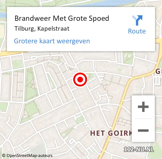 Locatie op kaart van de 112 melding: Brandweer Met Grote Spoed Naar Tilburg, Kapelstraat op 15 september 2023 19:15