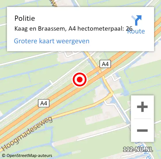 Locatie op kaart van de 112 melding: Politie Kaag en Braassem, A4 hectometerpaal: 26 op 15 september 2023 20:32