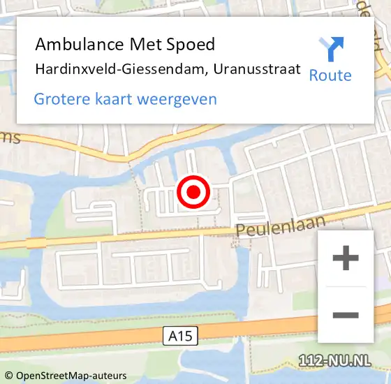 Locatie op kaart van de 112 melding: Ambulance Met Spoed Naar Hardinxveld-Giessendam, Uranusstraat op 15 september 2023 23:34