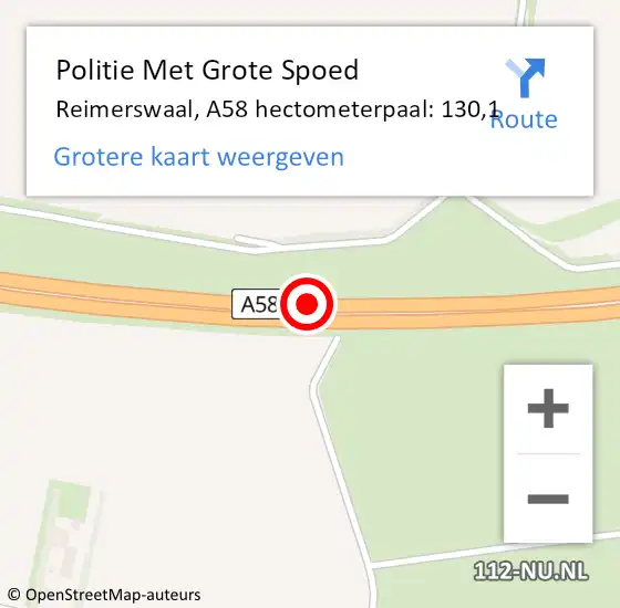 Locatie op kaart van de 112 melding: Politie Met Grote Spoed Naar Reimerswaal, A58 hectometerpaal: 130,1 op 16 september 2023 19:08