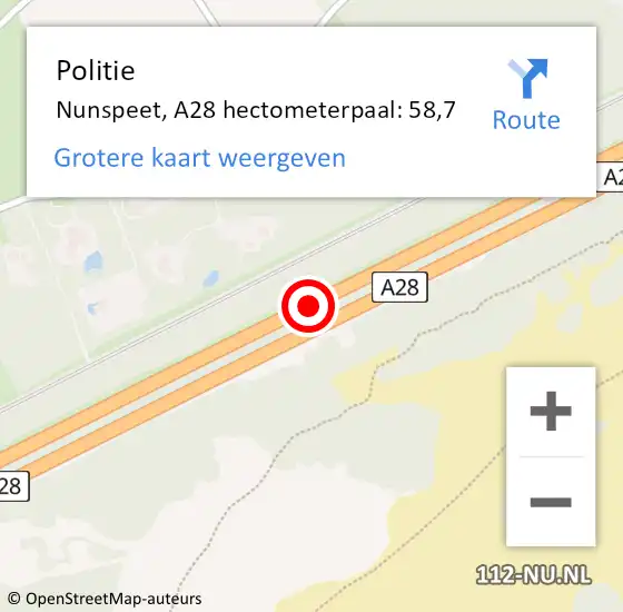 Locatie op kaart van de 112 melding: Politie Nunspeet, A28 hectometerpaal: 58,7 op 16 september 2023 20:08