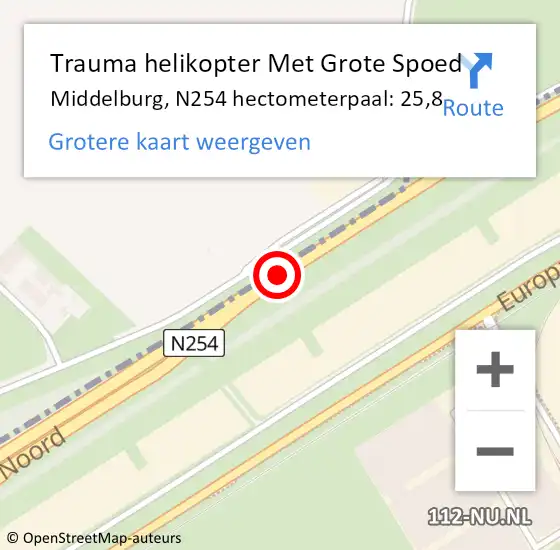 Locatie op kaart van de 112 melding: Trauma helikopter Met Grote Spoed Naar Middelburg, N254 hectometerpaal: 25,8 op 16 september 2023 20:24