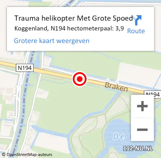 Locatie op kaart van de 112 melding: Trauma helikopter Met Grote Spoed Naar Koggenland, N194 hectometerpaal: 3,9 op 17 september 2023 03:17
