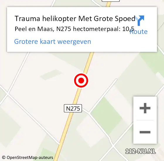 Locatie op kaart van de 112 melding: Trauma helikopter Met Grote Spoed Naar Peel en Maas, N275 hectometerpaal: 10,5 op 17 september 2023 13:47