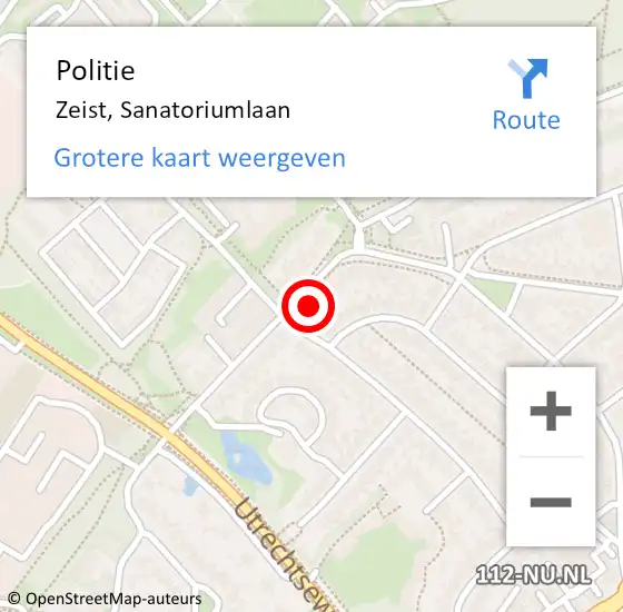 Locatie op kaart van de 112 melding: Politie Zeist, Sanatoriumlaan op 17 september 2023 21:36