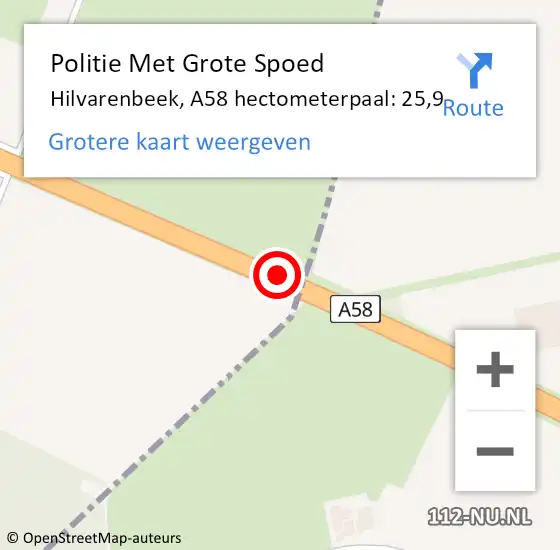Locatie op kaart van de 112 melding: Politie Met Grote Spoed Naar Hilvarenbeek, A58 hectometerpaal: 25,9 op 18 september 2023 00:28
