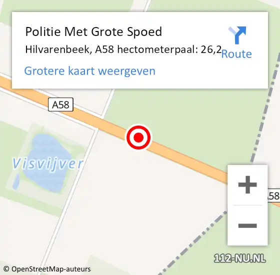 Locatie op kaart van de 112 melding: Politie Met Grote Spoed Naar Hilvarenbeek, A58 hectometerpaal: 26,2 op 18 september 2023 00:29
