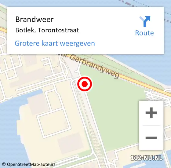 Locatie op kaart van de 112 melding: Brandweer Botlek, Torontostraat op 18 september 2023 10:04