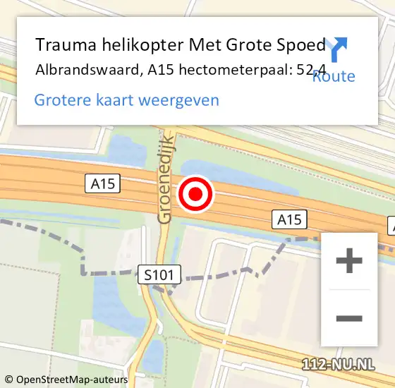 Locatie op kaart van de 112 melding: Trauma helikopter Met Grote Spoed Naar Albrandswaard, A15 hectometerpaal: 52,4 op 18 september 2023 12:31