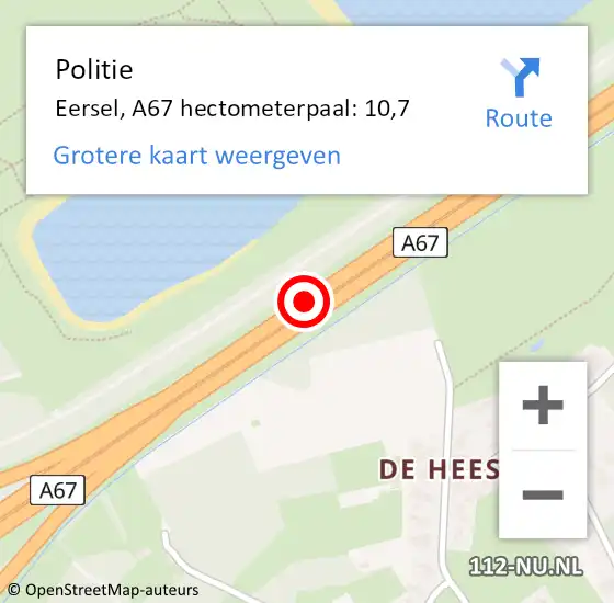 Locatie op kaart van de 112 melding: Politie Eersel, A67 hectometerpaal: 10,7 op 20 september 2023 06:48