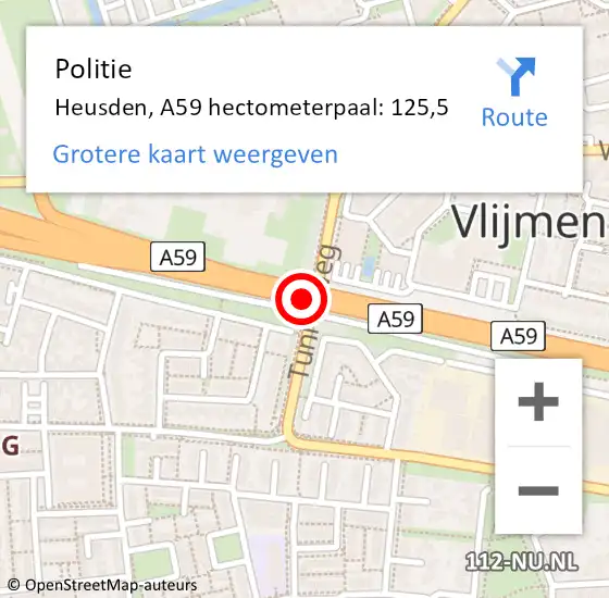 Locatie op kaart van de 112 melding: Politie Heusden, A59 hectometerpaal: 125,5 op 20 september 2023 08:21