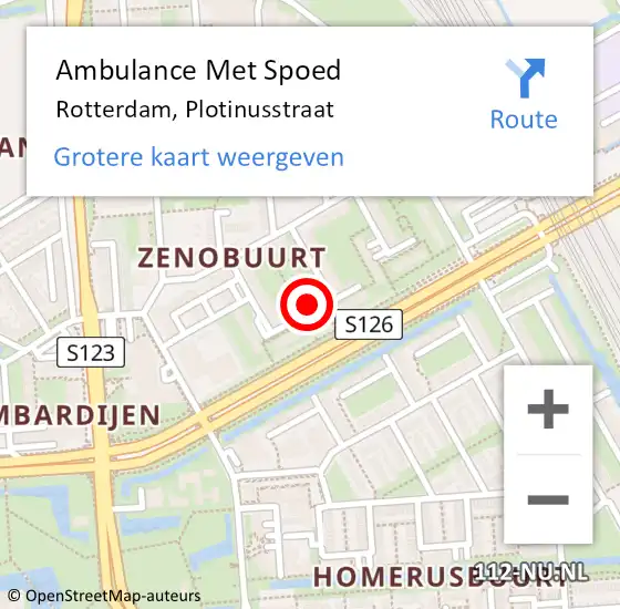 Locatie op kaart van de 112 melding: Ambulance Met Spoed Naar Rotterdam, Plotinusstraat op 20 september 2023 09:46