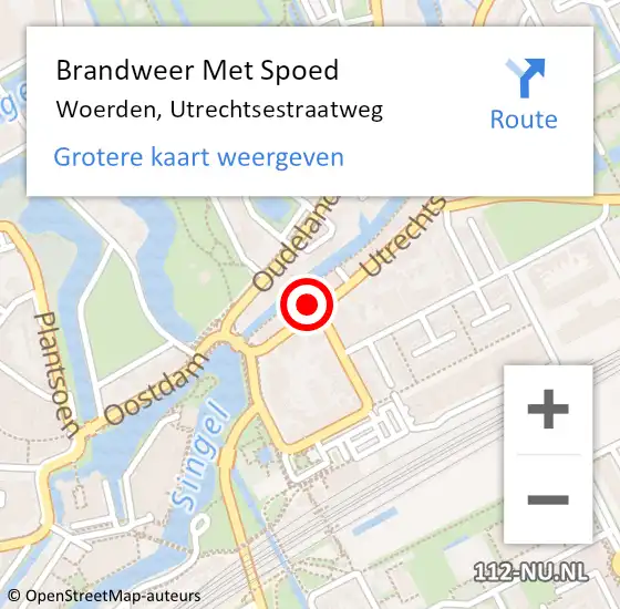 Locatie op kaart van de 112 melding: Brandweer Met Spoed Naar Woerden, Utrechtsestraatweg op 20 september 2023 10:48