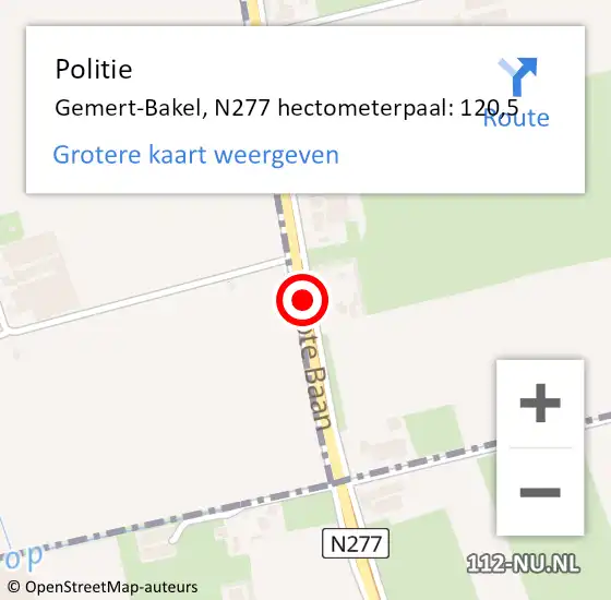Locatie op kaart van de 112 melding: Politie Gemert-Bakel, N277 hectometerpaal: 120,5 op 20 september 2023 13:53