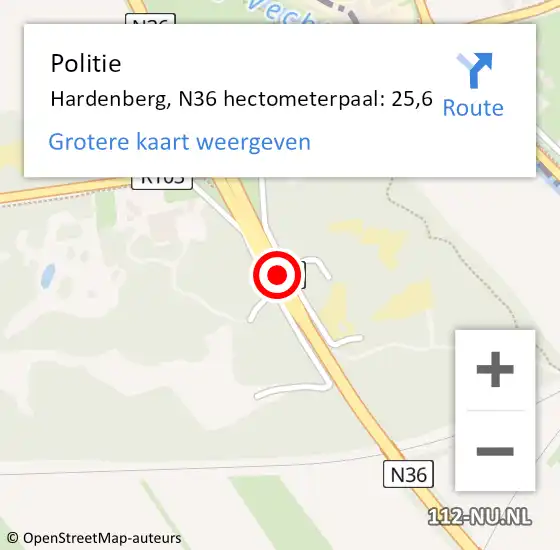 Locatie op kaart van de 112 melding: Politie Hardenberg, N36 hectometerpaal: 25,6 op 20 september 2023 16:08