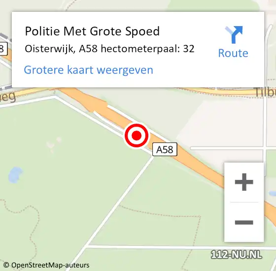Locatie op kaart van de 112 melding: Politie Met Grote Spoed Naar Oisterwijk, A58 hectometerpaal: 32 op 20 september 2023 16:20