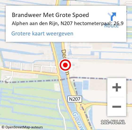 Locatie op kaart van de 112 melding: Brandweer Met Grote Spoed Naar Alphen aan den Rijn, N207 hectometerpaal: 26,9 op 20 september 2023 23:32